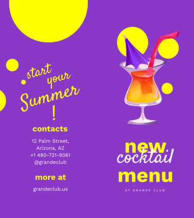 New Cocktail Menu Ad with Drink in Glass Brochure 9x8in Bi-fold Design Template