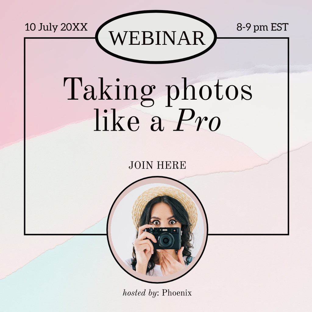 Professional Photography Webinar Ad with Woman Holding Camera Instagram Design Template