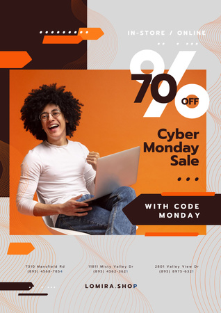 Cyber Monday Sale Announcement with Man typing on Laptop Poster Design Template