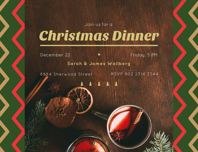 Christmas Dinner With Red Mulled Wine Invitation 13.9x10.7cm Horizontal Design Template