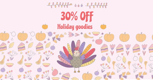 Thanksgiving Holiday Offer with Colorful Turkey Facebook AD Modelo de Design