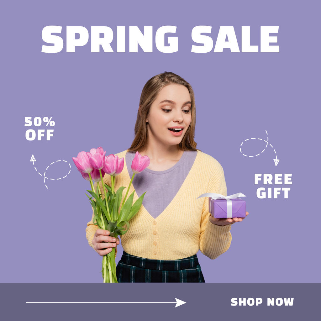 Designvorlage Spring Sale with Young Woman with Gift für Instagram