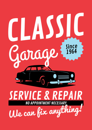 Garage Services Ad with Retro Car in Red Poster Design Template
