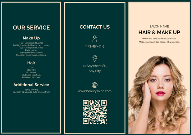 Services of Hairstyle and Makeup in Beauty Salon Brochure – шаблон для дизайна