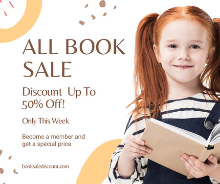 Book Sale Ad with Redhead Little Girl Facebook Design Template