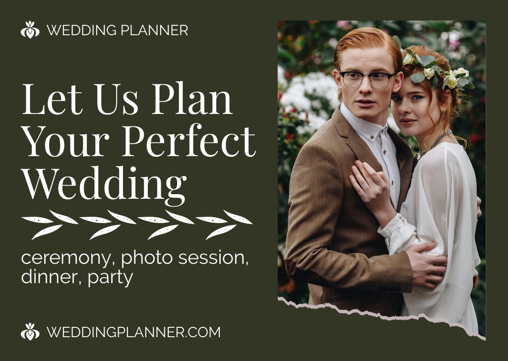 Wedding Planner Offer with Elegant Redhead Couple Card Modelo de Design
