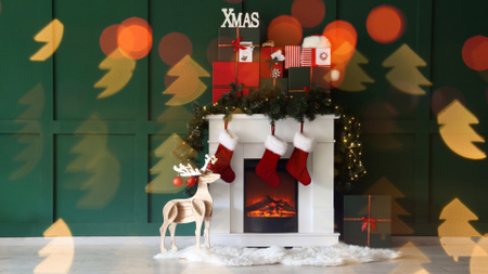 Plantilla de diseño de Chimenea con guirnalda navideña y medias para regalos. Zoom Background 