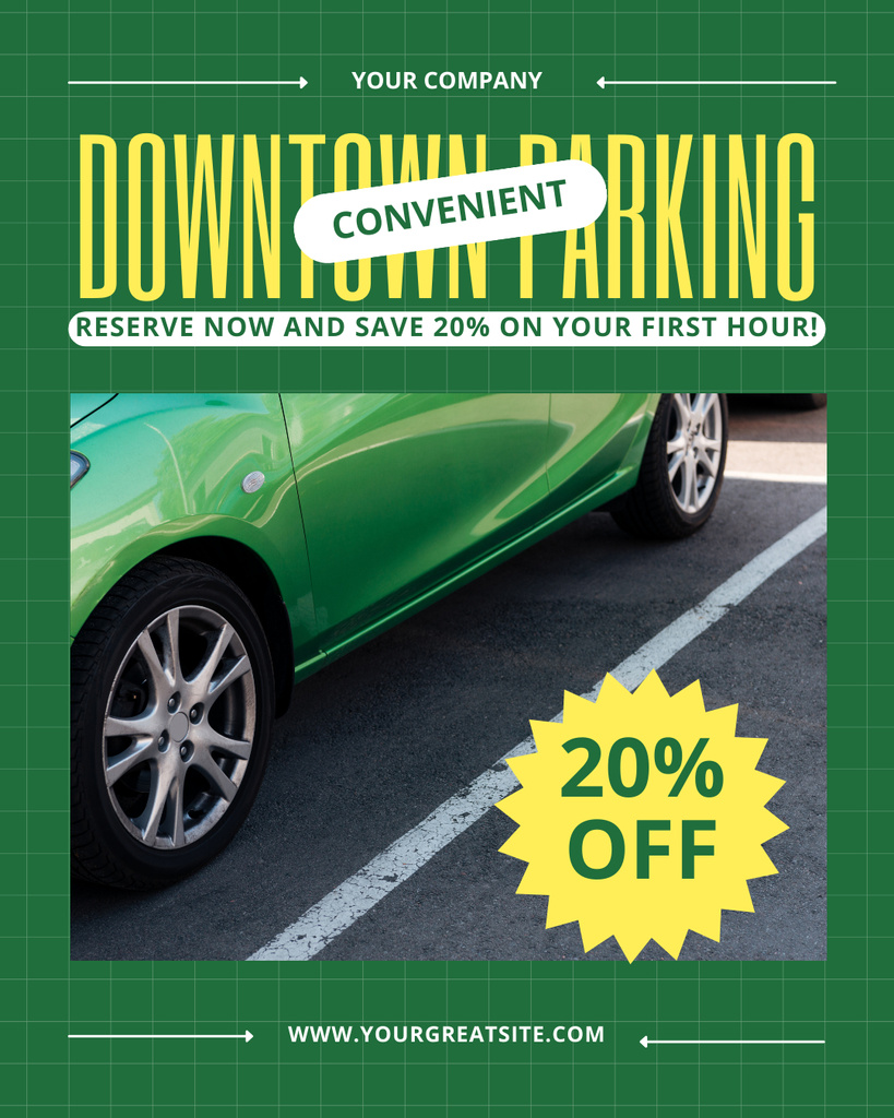 Discount on Parking Services with Green Car Instagram Post Vertical Πρότυπο σχεδίασης
