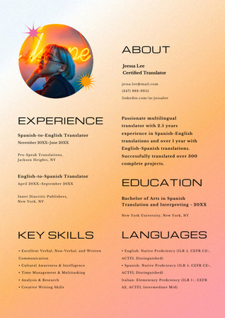 Certified Translator skills and experience Resume Design Template