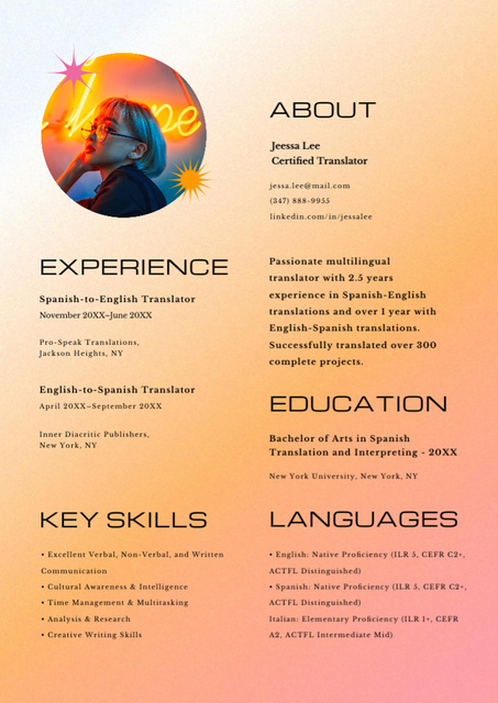 Certified Translator skills and experience Resume Modelo de Design