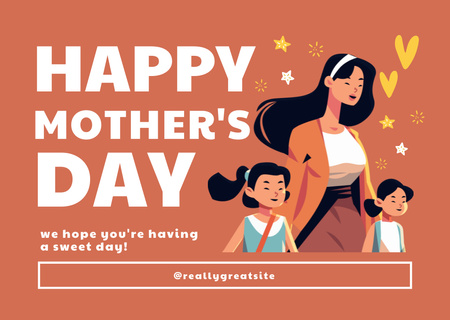 Mom with Cute Daughters on Mother's Day Card Design Template