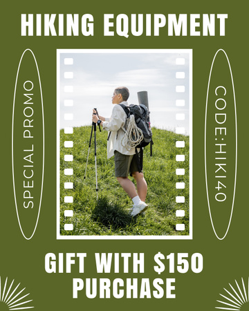 Ad of Hiking Equipment with Tourist with Gear Instagram Post Vertical Design Template