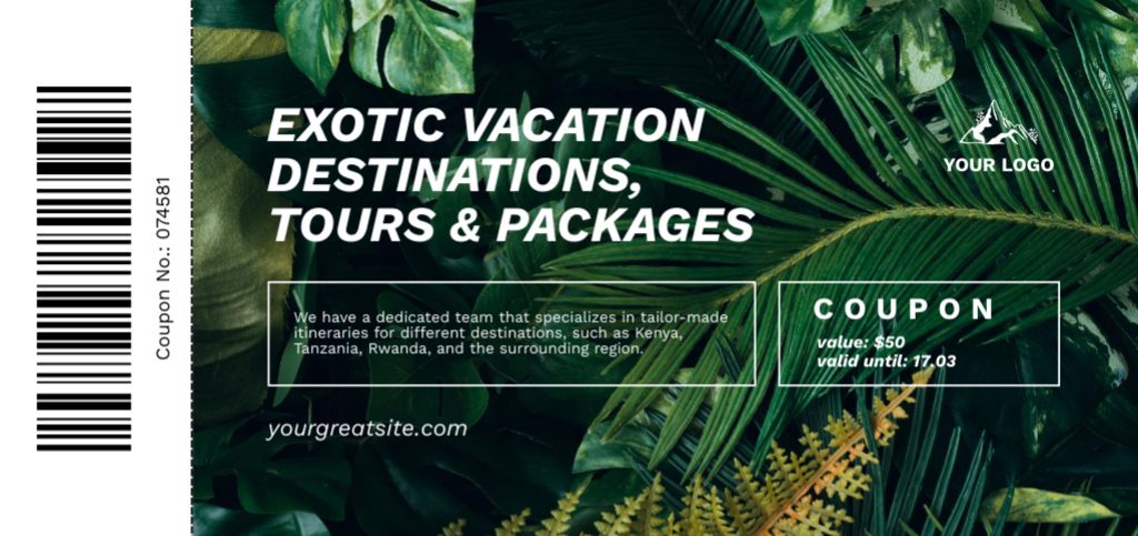 Designvorlage Tranquil Vacations And Destinations Offer für Coupon Din Large