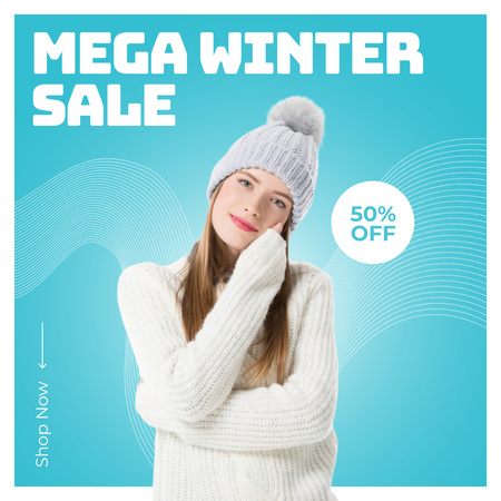 Mega Winter Sale Announcement with Young Woman in White Hat Instagram tervezősablon