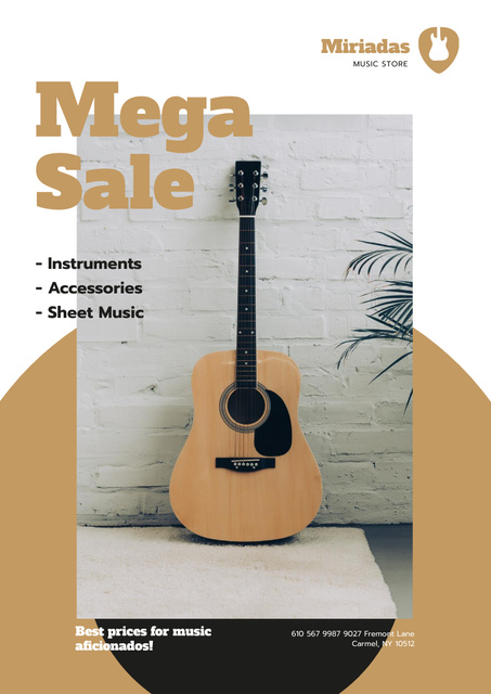 Musical Instruments Sale Ad with Wooden Guitar Poster A3デザインテンプレート