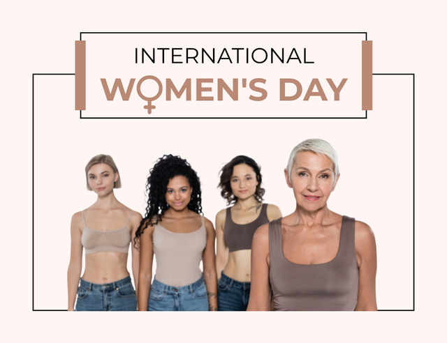 Modèle de visuel International Women's Day Greeting with Diverse Women on Beige - Thank You Card 5.5x4in Horizontal