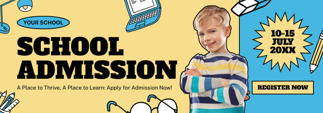 School Admission Registration Announcement with Cute Boy Tumblr Modelo de Design