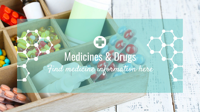 Plantilla de diseño de Medicine information with Pills in box Title 1680x945px 