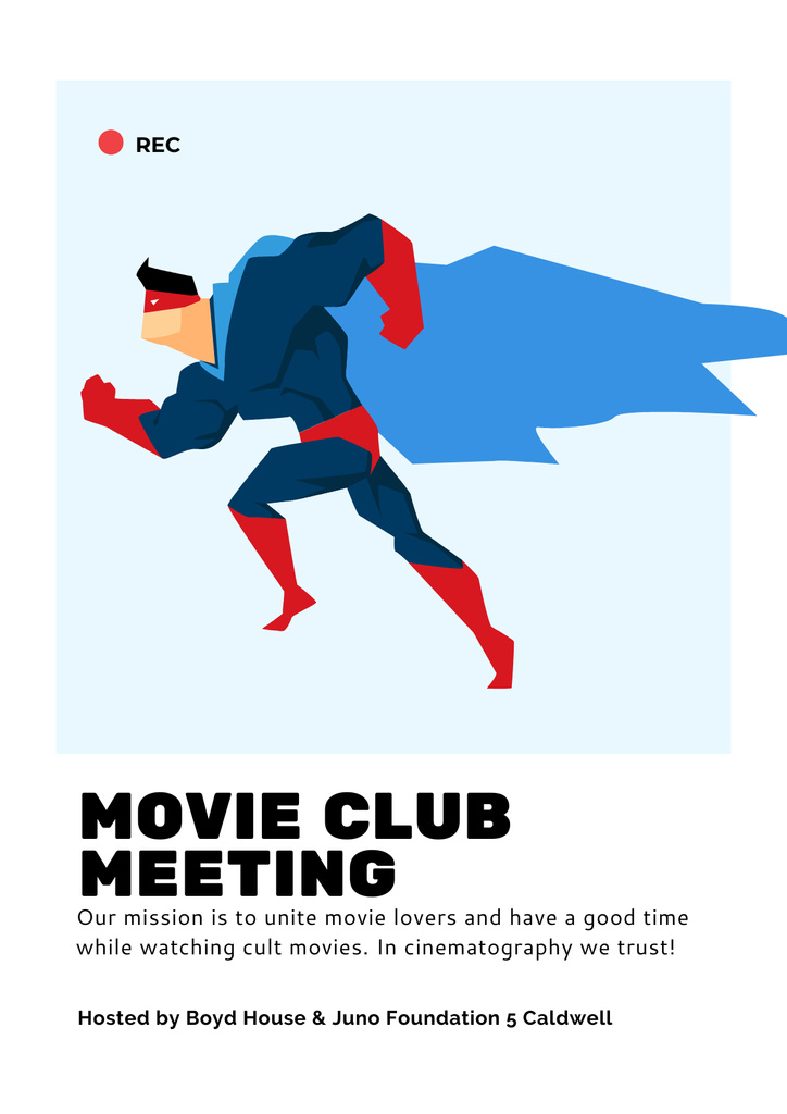 Movie Club Meeting Announcement with Man in Superhero Costume Posterデザインテンプレート