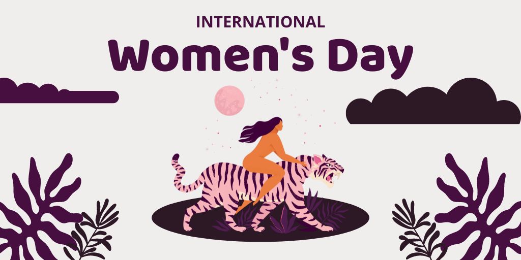 Women's Day Greeting with Illustration of Woman on Tiger Twitter Design Template