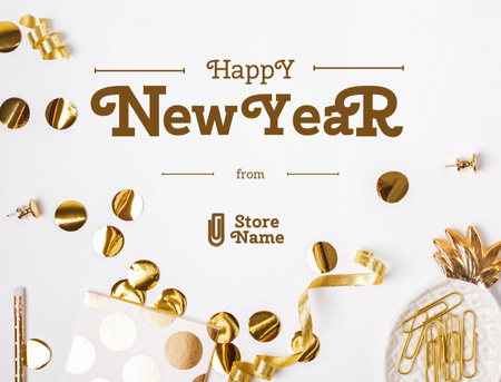 Designvorlage New Year Holiday Greeting with Golden Confetti für Postcard 4.2x5.5in