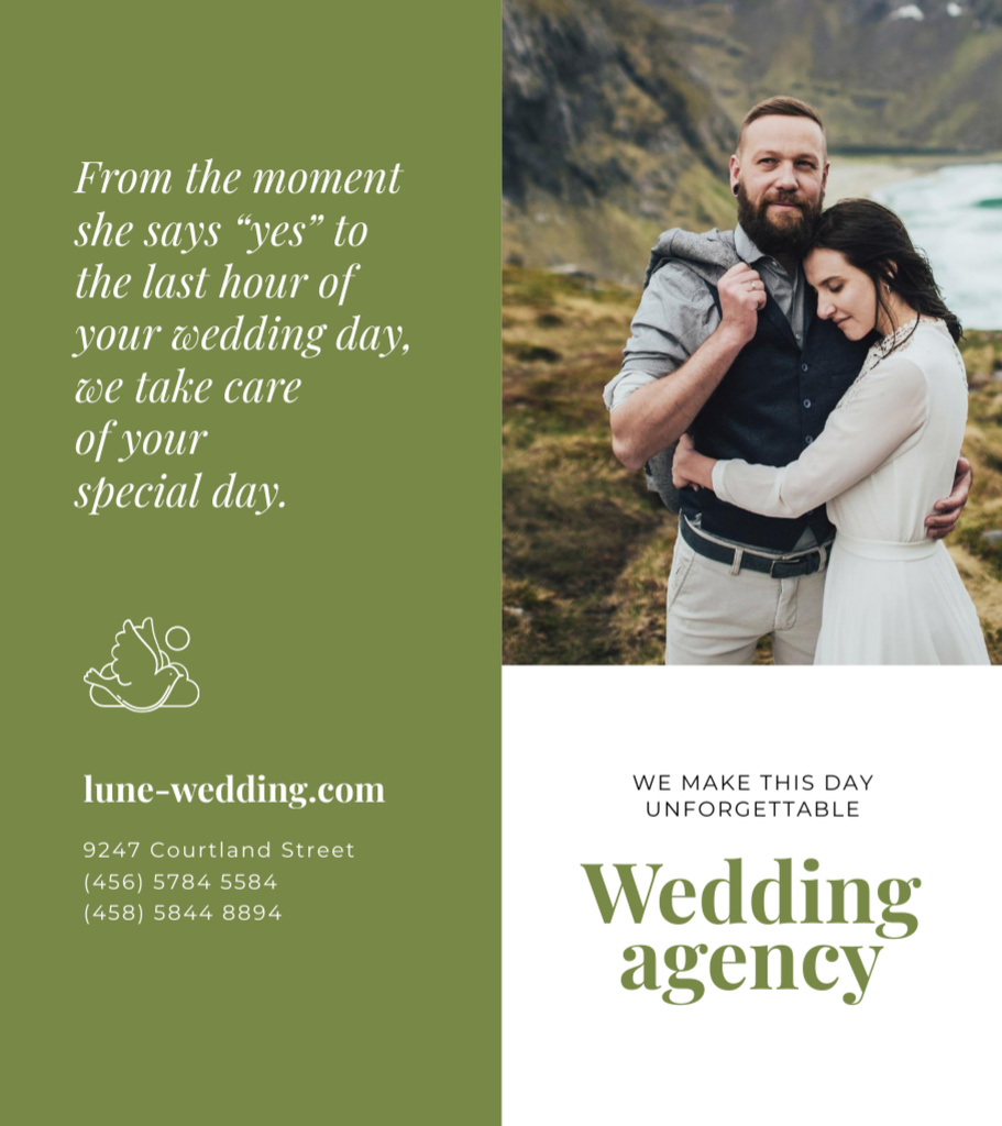 Designvorlage Wedding Agency Ad with Happy Newlyweds on Green für Brochure 9x8in Bi-fold