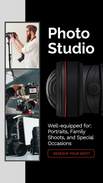 Well-Equipped Photo Studio Rent For Occasions Offer Instagram Video Story Modelo de Design