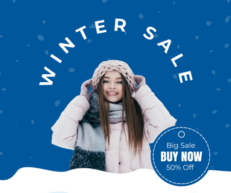 Platilla de diseño Winter Sale Advertisement with Cute Young Woman Facebook