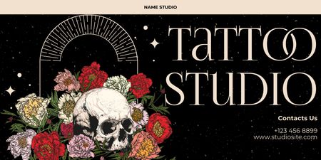 Skull In Flowers And Tattoo Studio Service Offer Twitterデザインテンプレート