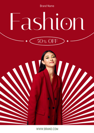 Sale Announcement with Stylish Woman in Red Jacket Poster A3 Tasarım Şablonu