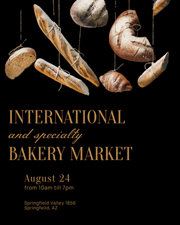 Template di design International Bakery Market Announcement with Fresh Bread in Black Poster 16x20in