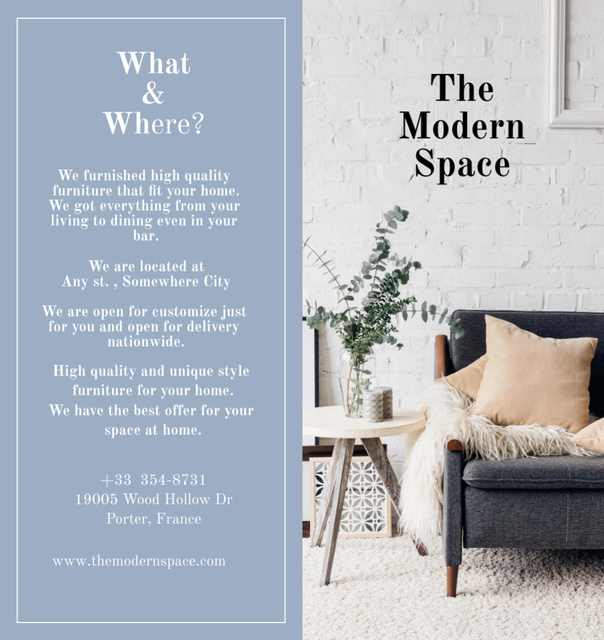 Modern and Stylish Furniture Sale Offer In Blue Brochure Din Large Bi-fold tervezősablon
