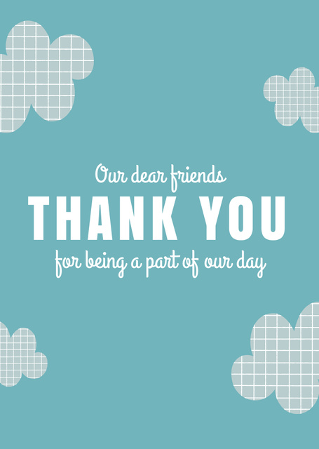 Cute Thankful Phrase on Blue Pattern with Clouds Postcard A6 Vertical Design Template