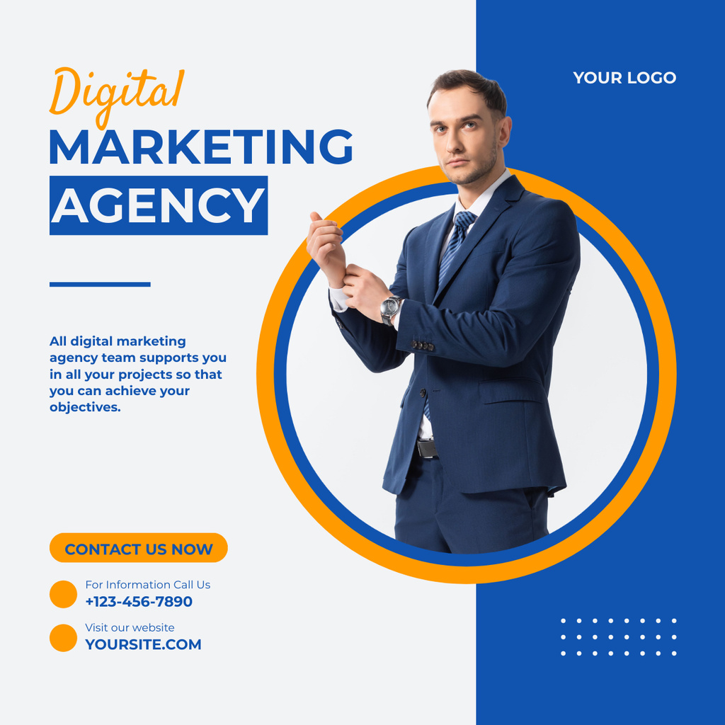 Businessman in Blue Suit Proposes Digital Marketing Agency Services LinkedIn post Šablona návrhu