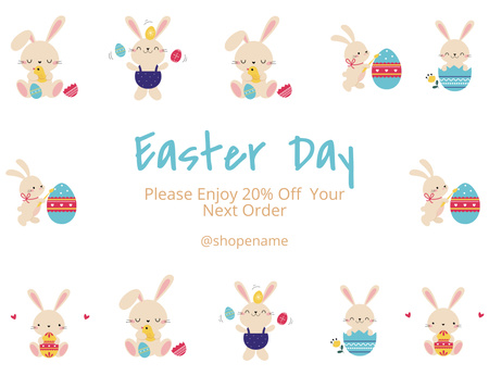 Easter Day Promo with Bunnies with Colored Eggs Thank You Card 5.5x4in Horizontal Design Template