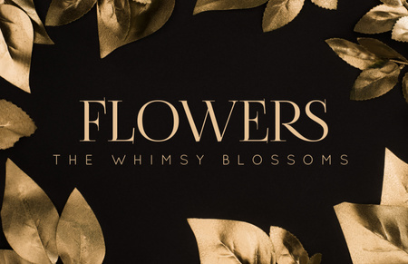 Designvorlage Blumenladen-Anzeige mit dekorativen Blättern aus goldenem Metall für Business Card 85x55mm