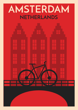 Illustration of Amsterdam with Bicycle on Bridge Poster A3 – шаблон для дизайна