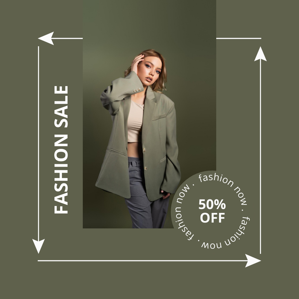 Young Woman in Green Jacket for Fashion Sale Ad Instagram Design Template