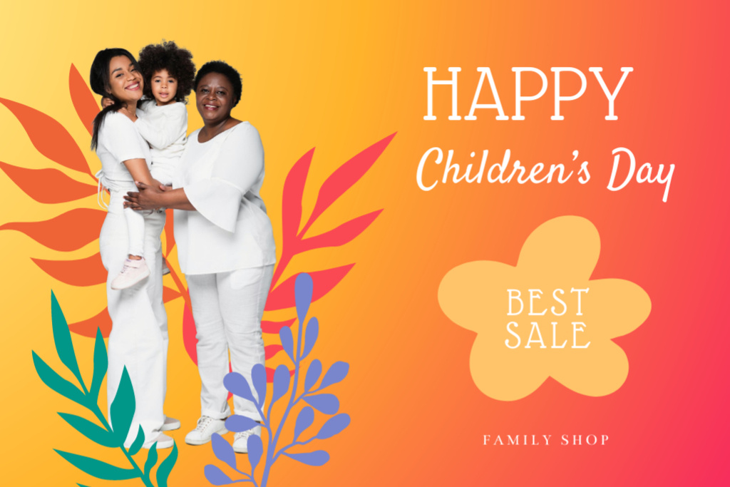 Platilla de diseño Children's Day Sale Offer With Baby and Family in Leaves Postcard 4x6in