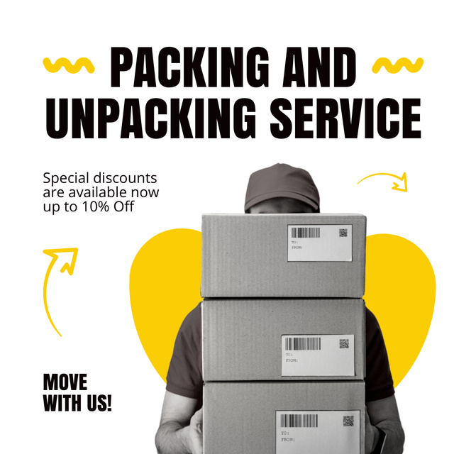 Plantilla de diseño de Packing Services Ad with Courier holding Stack of Boxes Instagram AD 