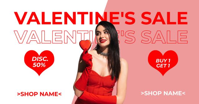 Valentine's Day Discount Offer with Woman in Red Facebook AD Tasarım Şablonu