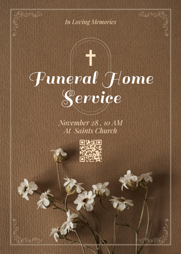 Designvorlage Funeral Service Invitation with Flowers on Brown für Invitation