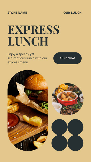 Designvorlage Discount on Express Lunch with Delicious Burger and Potato für Instagram Story