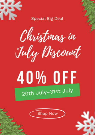 July Christmas Discount Announcement with White Snowflakes Flyer A7 Šablona návrhu