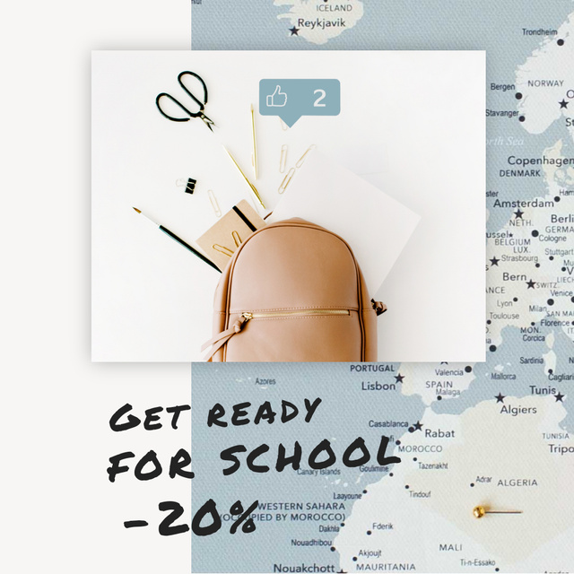 Designvorlage Back to School Sale Stationery in Backpack over Map für Animated Post