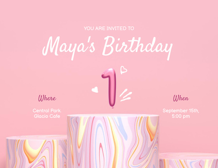 Designvorlage Baby Birthday Celebration Announcement In Pink für Invitation 13.9x10.7cm Horizontal