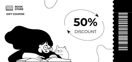 Discount in Book Store with Black and White Cute Illustration of Girl and Cat Coupon Din Large tervezősablon