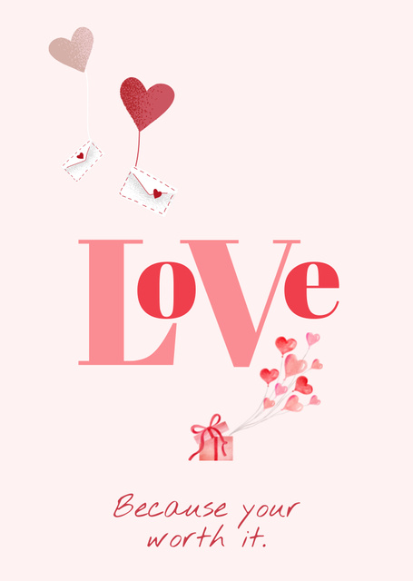 Romantic Love Message with Pink Hearts and Gift Postcard A6 Vertical Design Template