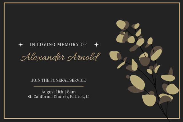 Funeral Services Invitation with Leaf Branch on Dark Postcard 4x6in – шаблон для дизайна