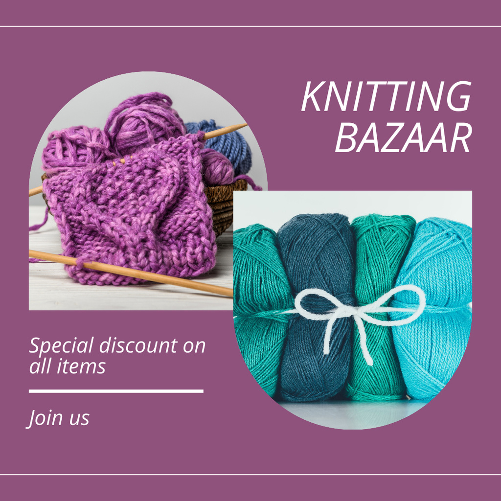 Knitting Bazaar With Discount In Purple Instagram – шаблон для дизайна